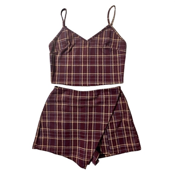 POPULAR BASICS Plaid Outfit 2-pc Crop Top Skort Stretch Junior’s M - Picture 16 of 16